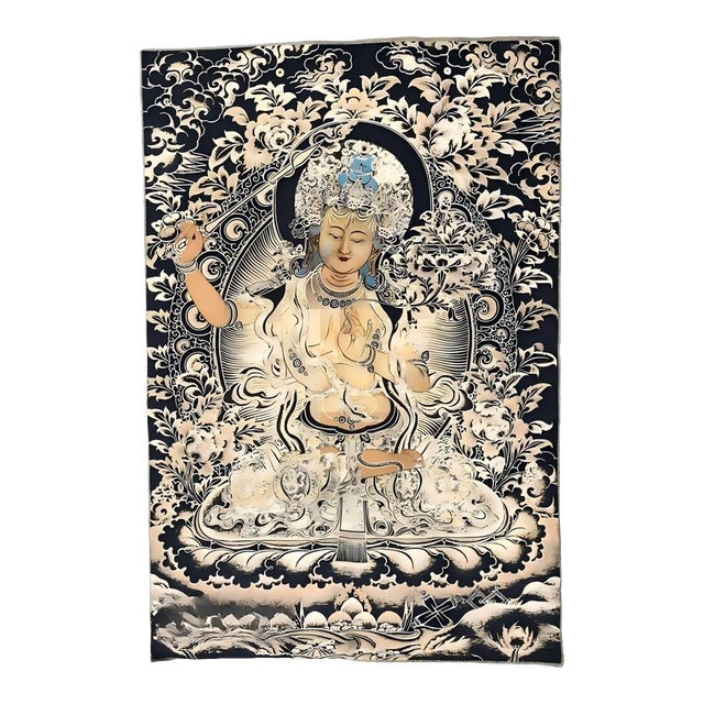 Mid 20th Century Xizang Embroidery and Brocade Thangka Buddha Painting - Wrathful Deity Protector Wall Art - Hand Painted Buddhist Sacred Scroll For Sale