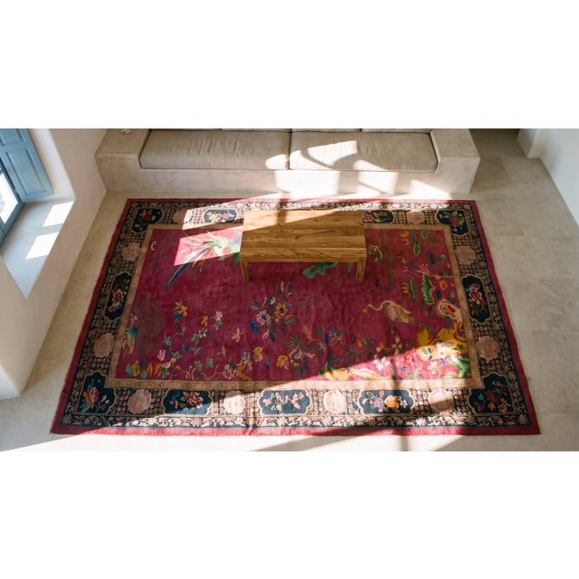 Classic Red-Raspebery Background With Black Border Antique Chinese Art Deco Rug For Sale - Image 9 of 10