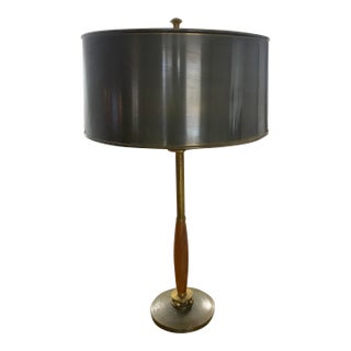 Vintage Mid Century Modern Walnut Brass Skinny Table Lamp Original Gunmetal Drum Shade For Sale
