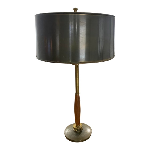 Vintage Mid Century Modern Walnut Brass Skinny Table Lamp Original Gunmetal Drum Shade For Sale