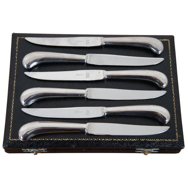 Contemporary 6 Vintage Hoffritz Sheffield England Silver Plate Stainless Fruit Knife Box Set For Sale - Image 3 of 8