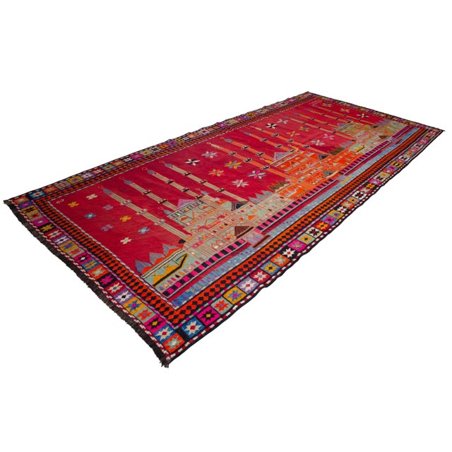 Contemporary Masterpiece 1963 Dated Turkish Kilim, Extra Large Pictorial Wall Tapestry, Vintage Wall Decor With Mosque Design, Rare Architectural Art For Sale - Image 3 of 15