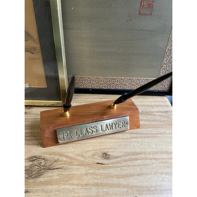 Brass 1970s 1st Class Lawyer Wooden Brass Pen Holder For Sale - Image 8 of 9