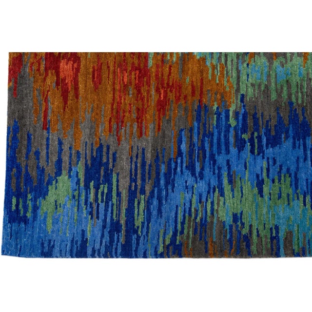 2010s Modern Tibetan Handmade Wool & Silk Rug With Multicolor Abstract Design For Sale - Image 4 of 7