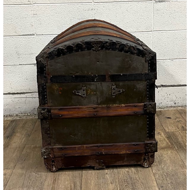 Antique Camel Back Steamer Trunk Chest For Sale In Kansas City - Image 6 of 11