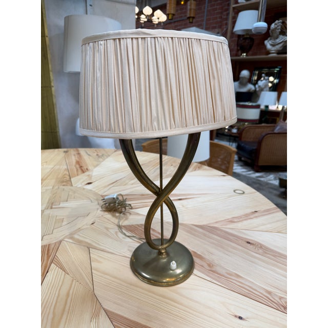 Brass 1950s Italian Brass Table Lamp With Twisted Loop Base and Pleated Shade For Sale - Image 8 of 8