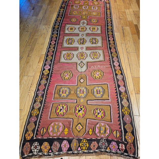 Textile Vintage Anatolian Turkish Kilim Gallery Rug, Flat-Woven Geometric Pattern, Pink & Yellow, 5x13 For Sale - Image 7 of 14
