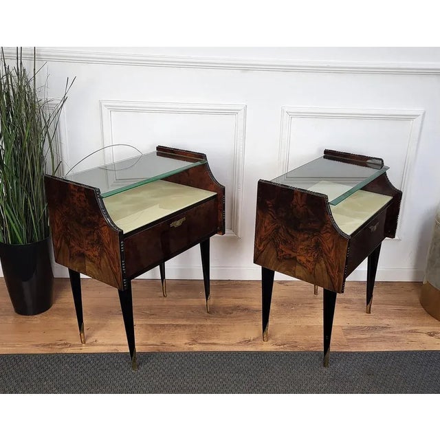 Metal Mid-Century Italian Art Deco Nightstands in Wood, Brass & Glass, 1950s, Set of 2 For Sale - Image 7 of 8