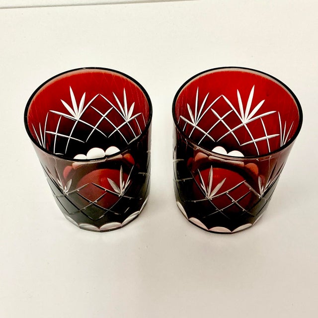 Mid 20th Century Boho Chic Czechoslovakian Clear Cut to Ruby Etched Crystal Lowballs - Set of 6 For Sale - Image 6 of 10
