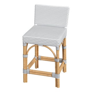 Serienna 24.5 in. Seat Height Rectangular Rattan Low Back Counter Stool, White/Gray Dot / Natural Rattan Frame For Sale