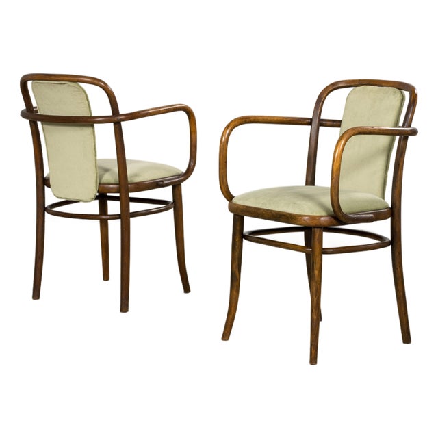 1950s Thonet Bentwood Armchairs in Willow Green Velvet – Pair For Sale