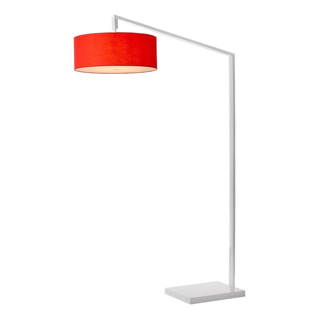 Stretch 75"h 1-Light Chairside Arc Lamp, Crimson Red Linen Shade, White Body, Dimmable, for Living Room or Bedroom For Sale