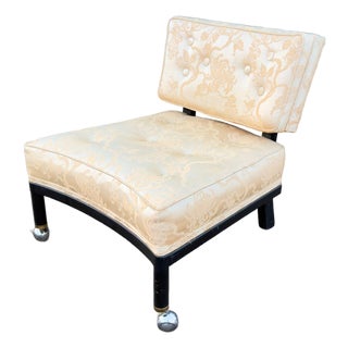 Vintage Mid-Century Modern Slipper Lounge Chair, Ebonized Frame, Chrome Ball Casters, Tufted Brocade, Probber Style For Sale