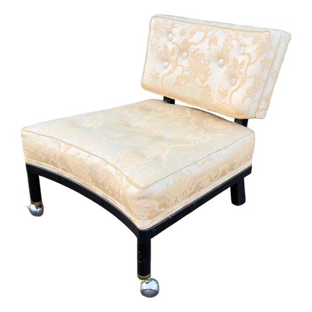 Vintage Mid-Century Modern Slipper Lounge Chair, Ebonized Frame, Chrome Ball Casters, Tufted Brocade, Probber Style For Sale