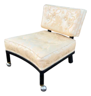 Vintage Mid-Century Modern Slipper Lounge Chair, Ebonized Frame, Chrome Ball Casters, Tufted Brocade, Probber Style