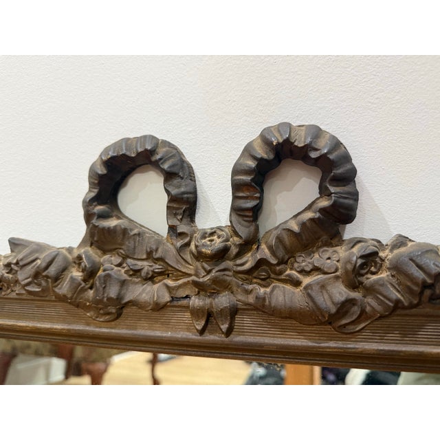 Rococo Antique 1920s French Ribbon Cartouche Carved Wood Wall Mirror For Sale - Image 3 of 6