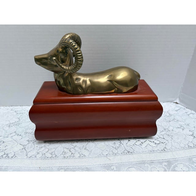 Midcentury Italian style large brass ram wood decor and storage box. Perfect for remote controls on the coffee table or a...