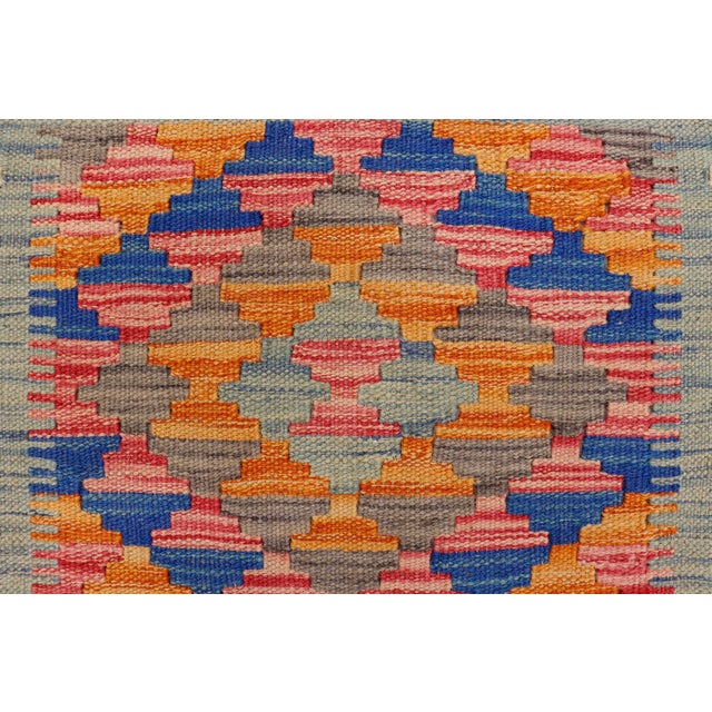 Boho Chic Turkish Kilim Blue Beige Hand-Woven Wool Rug For Sale - Image 4 of 9
