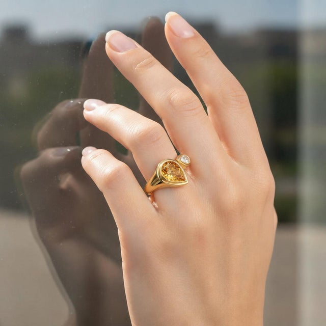 Metal Toi Et Moi Gemstone Ring: Citrine and Moissanite, Size 7.5 For Sale - Image 7 of 9