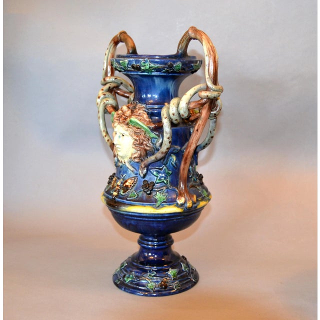 19th Century French 19th Century Antique Hand Painted Ceramic Vase Wine Decanter Wooden Riser For Sale - Image 5 of 13