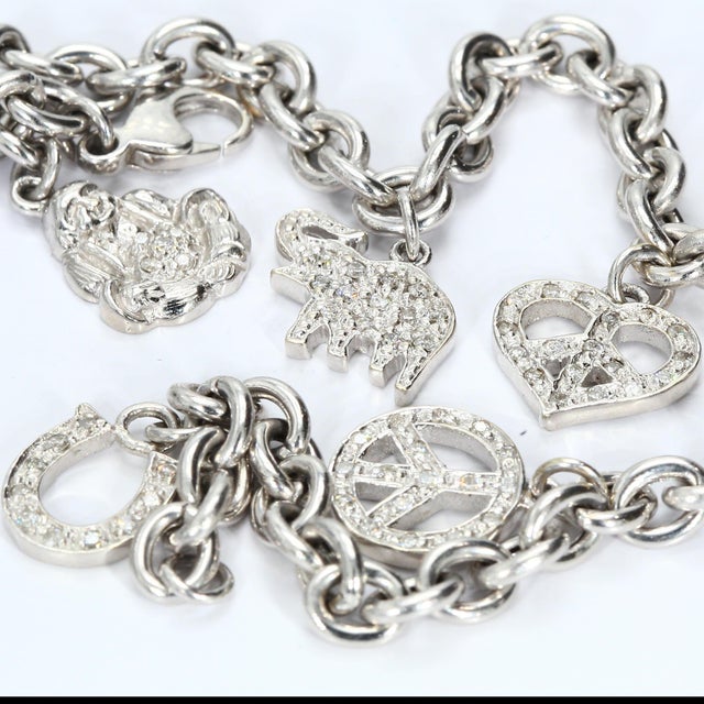 Contemporary 18k White Gold Bracelet With Diamond Charms: Elephant Heart Peace For Sale - Image 3 of 4