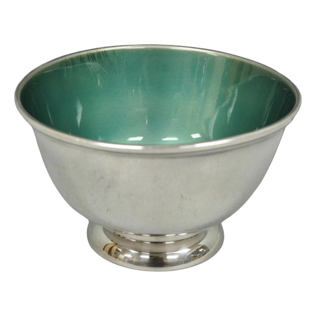 Vintage Towle Mid Century Modern Silver Plated Green Enamel Candy Nut Dish Bowl For Sale