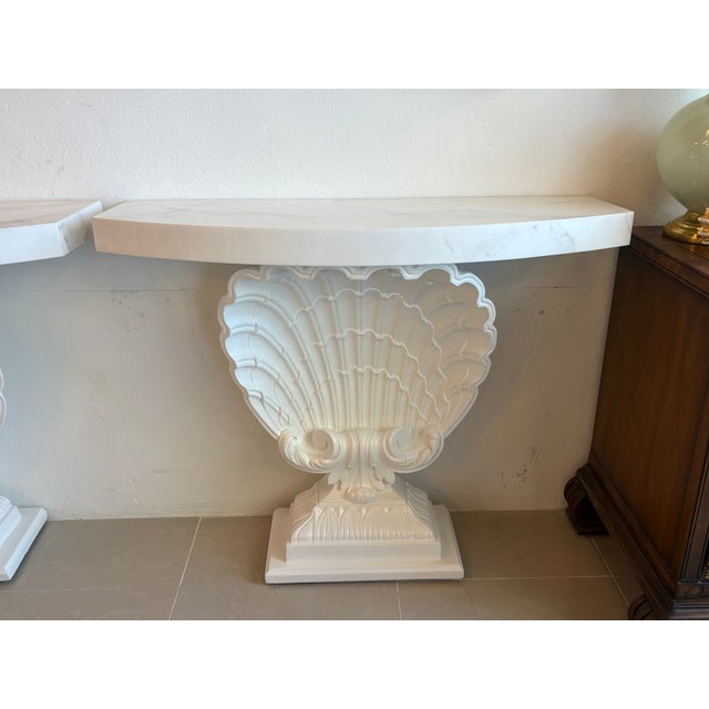 Grosfeld House Seashell Shell Scalloped Pair Demi Lune Wall Console Table Marble For Sale - Image 11 of 18