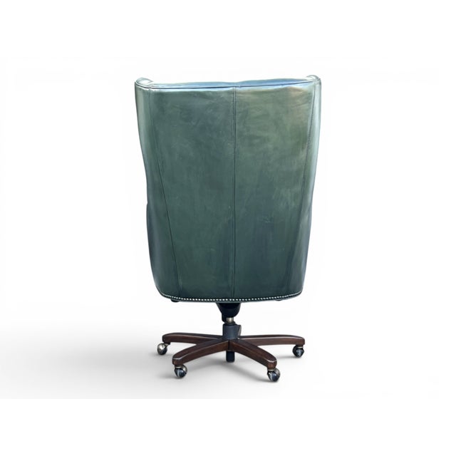 1960s English Traditional Distressed Green Leather Wingback Executive Swivel Chair For Sale - Image 11 of 12