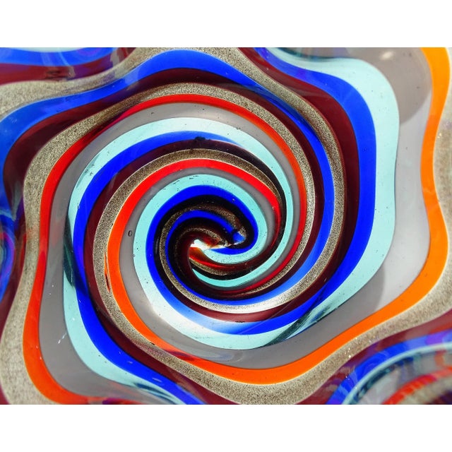 Murano Vintage Murano Rainbow Swirl Aventurine Flecks Ribbons Italian Art Glass Decorative Fazzoletto Vase For Sale - Image 4 of 10