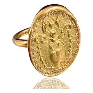 18k Gold Vintage Wax Seal Ring With Rubies and Diamonds : Angel Heart, Size 6 For Sale
