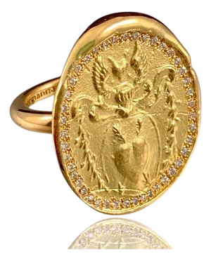 18k Gold Vintage Wax Seal Ring With Rubies and Diamonds : Angel Heart, Size 6