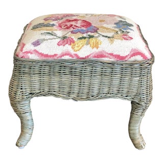 Vintage Green Wicker Needlepoint Footstool For Sale