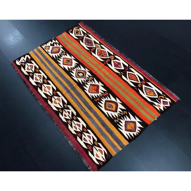 Rustic Small Vintage Turkish Rustic Tribal Aztec Rug For Sale - Image 3 of 6