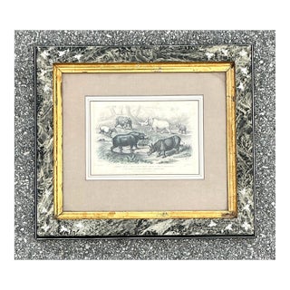 Vintage Boho Rhino Engraving in Carved Frame For Sale