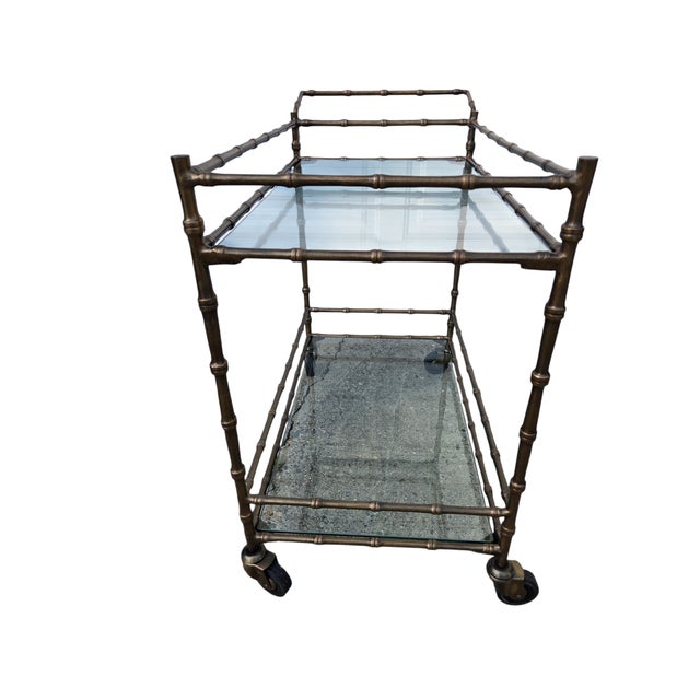 Vintage Faux Bamboo Italian Tea Bar Cart Bronze Server Console Maison Style For Sale - Image 11 of 18