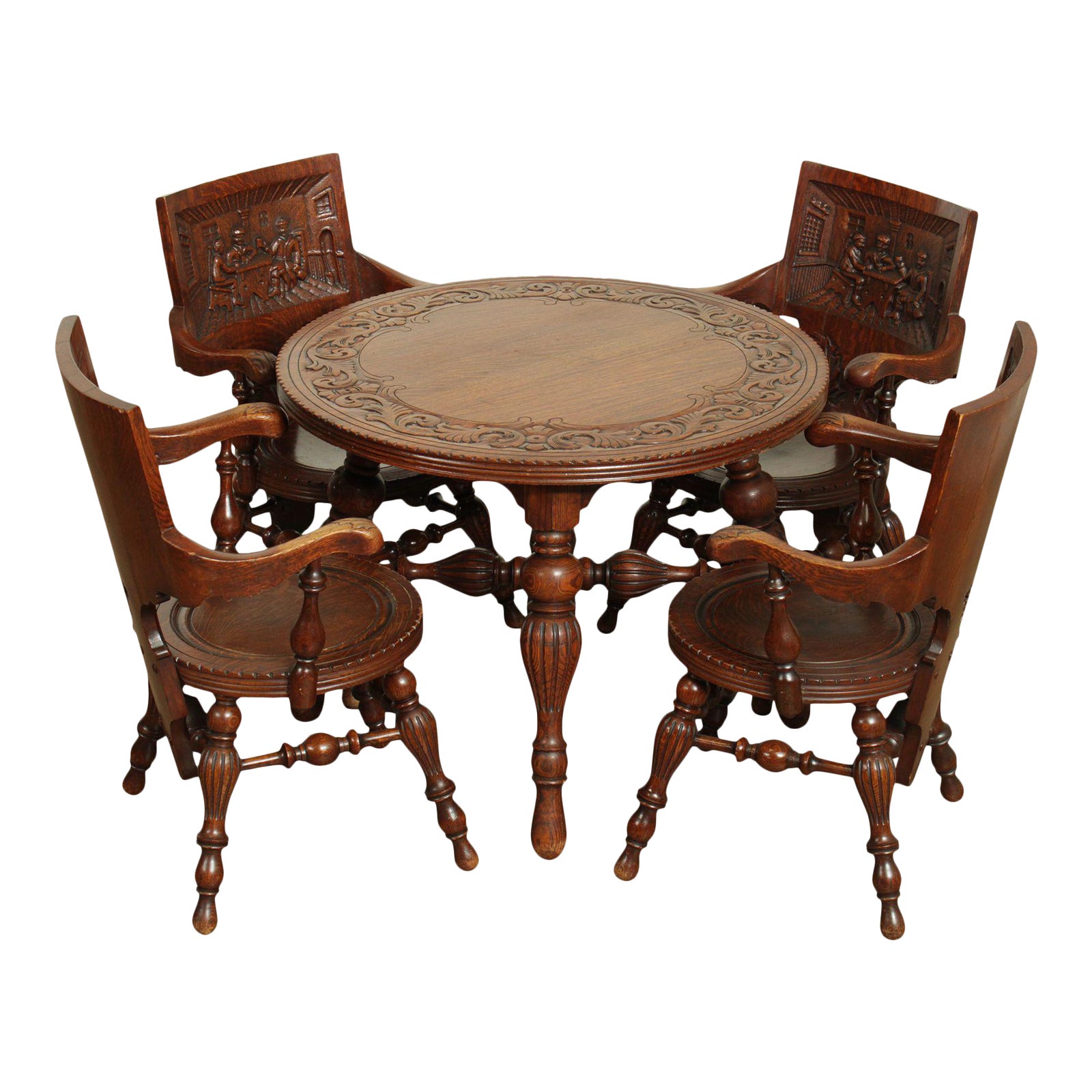 Antique Victorian Oak German Renaissance Round Games Table With 4 Carved Monks PUB Chairs Set