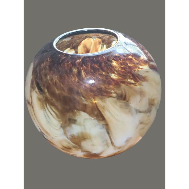 Vintage Italian Hand Blown Art Glass Amber Tan Brown Color Rose Bowl Vase For Sale - Image 4 of 8