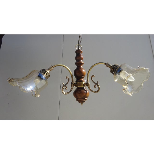 Three-Light Chandelier in Wood, Bronze and Glass, 1980s For Sale - Image 15 of 15