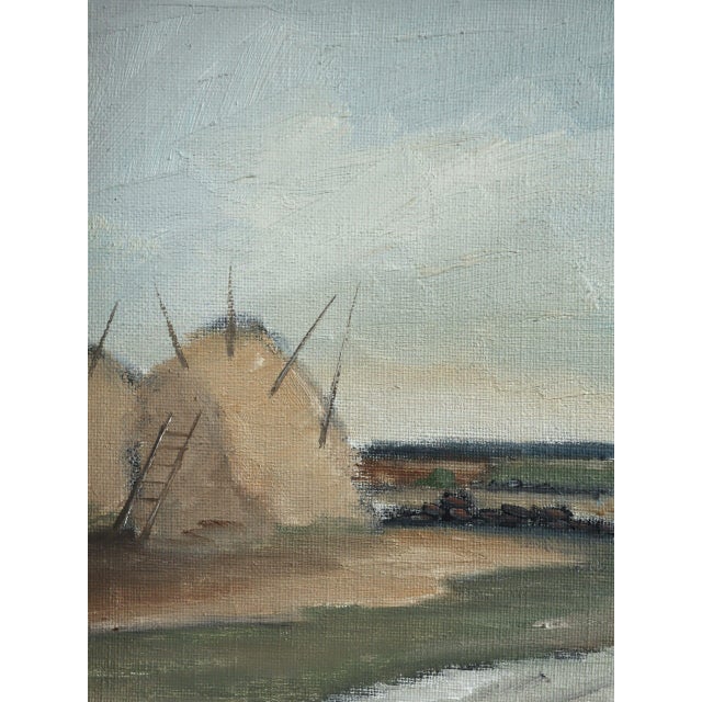 Mid-Century Modern 'Haystacks by the Gate' Vintage Original Landscape Oil Painting, Framed For Sale - Image 10 of 11