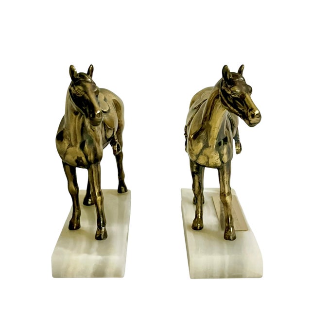Vintage Brass Equestrian Horse Bookends on White Marble Bases – Pair of Western Style Horse Sculptures For Sale - Image 9 of 14