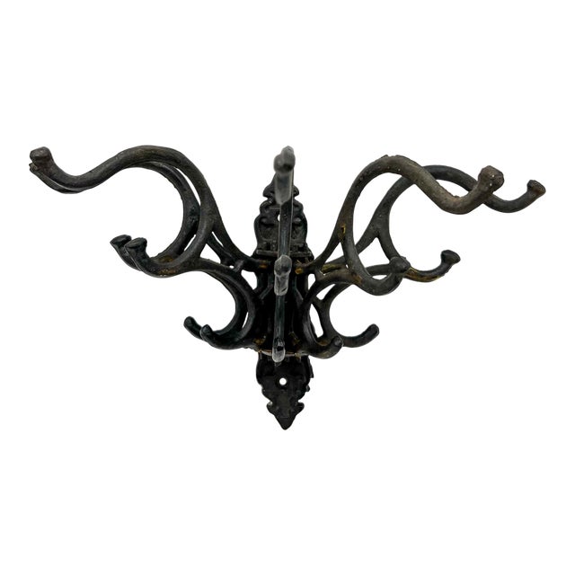 Vintage Black Cast Iron Swivel Wall Hook Rack – Victorian Style With 15 Folding Hooks For Sale