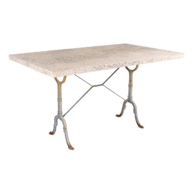 Stone Topped Dining Table With Blue Trestle Iron Base, France Mid 20th C For Sale