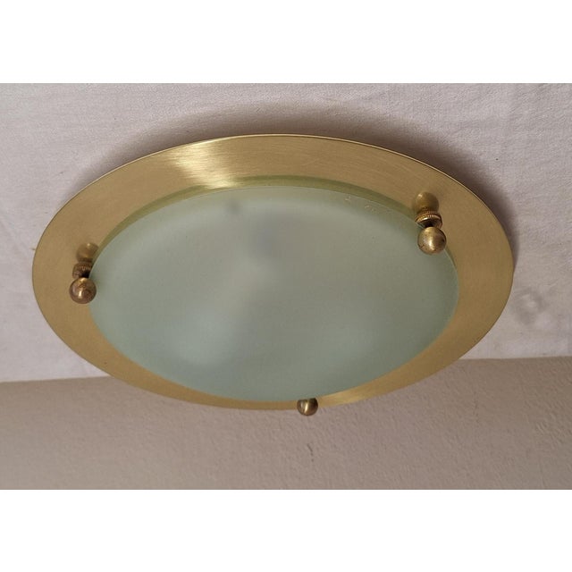 Flat Vintage Ceiling Lamp with Brass Mount and Frosted Glass Shade by Belmonte, 2000s For Sale - Image 4 of 8