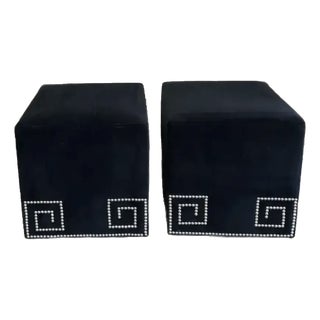 Black Upholstered Cube Rolling Footstools, Ottomans With Chrome Nailheads For Sale