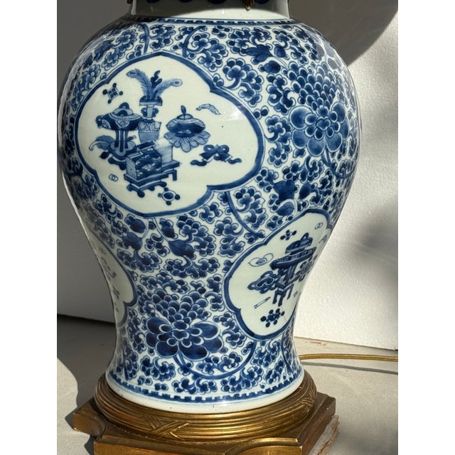 19c. Chinese Blue and White Lamp With Custom Shade For Sale - Image 12 of 18