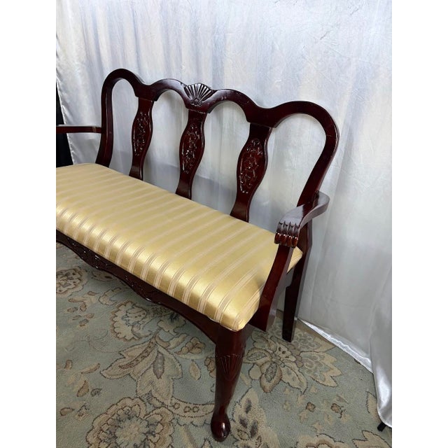 1970s Vintage Queen Anne Style Triple-Back Walnut Settee With Stripe Satin Cushion For Sale - Image 5 of 12
