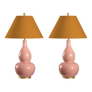 Casa Cosima Large Double Gourd Table Lamps, Light Pink Craquelure Base with Dash of Curry Lampshade - A Pair For Sale