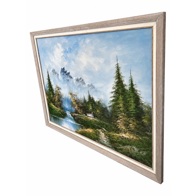 Signed Mountain, Cabin and Waterfall Landscape Painting on Canvas in Ribbed Frame For Sale In Las Vegas - Image 6 of 10