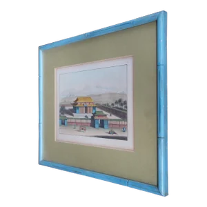 Mid 20th Century Vintage Bigatti Colored Asian Pagoda Buddhist Temple Engraving, Framed