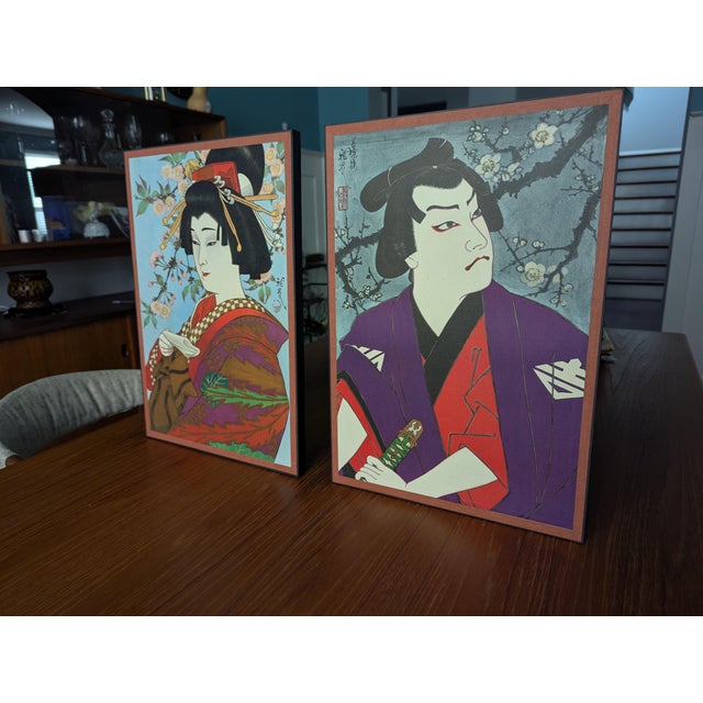An extraordinary, museum-documented matching diptych pair of vintage 1974 Japanese woodblock prints (Shikishi rigid art...